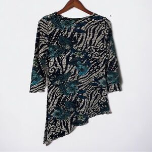 Magic Women’s One Size Top Floral 3/4 Sleeve Mesh Asymmetrical Hem Black Blue